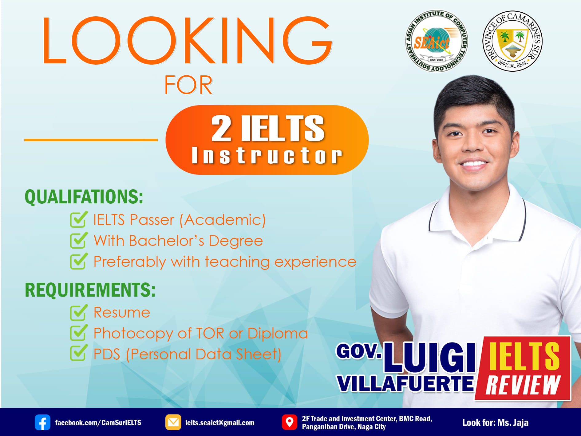 We are looking for 2 IELTS Instructors.