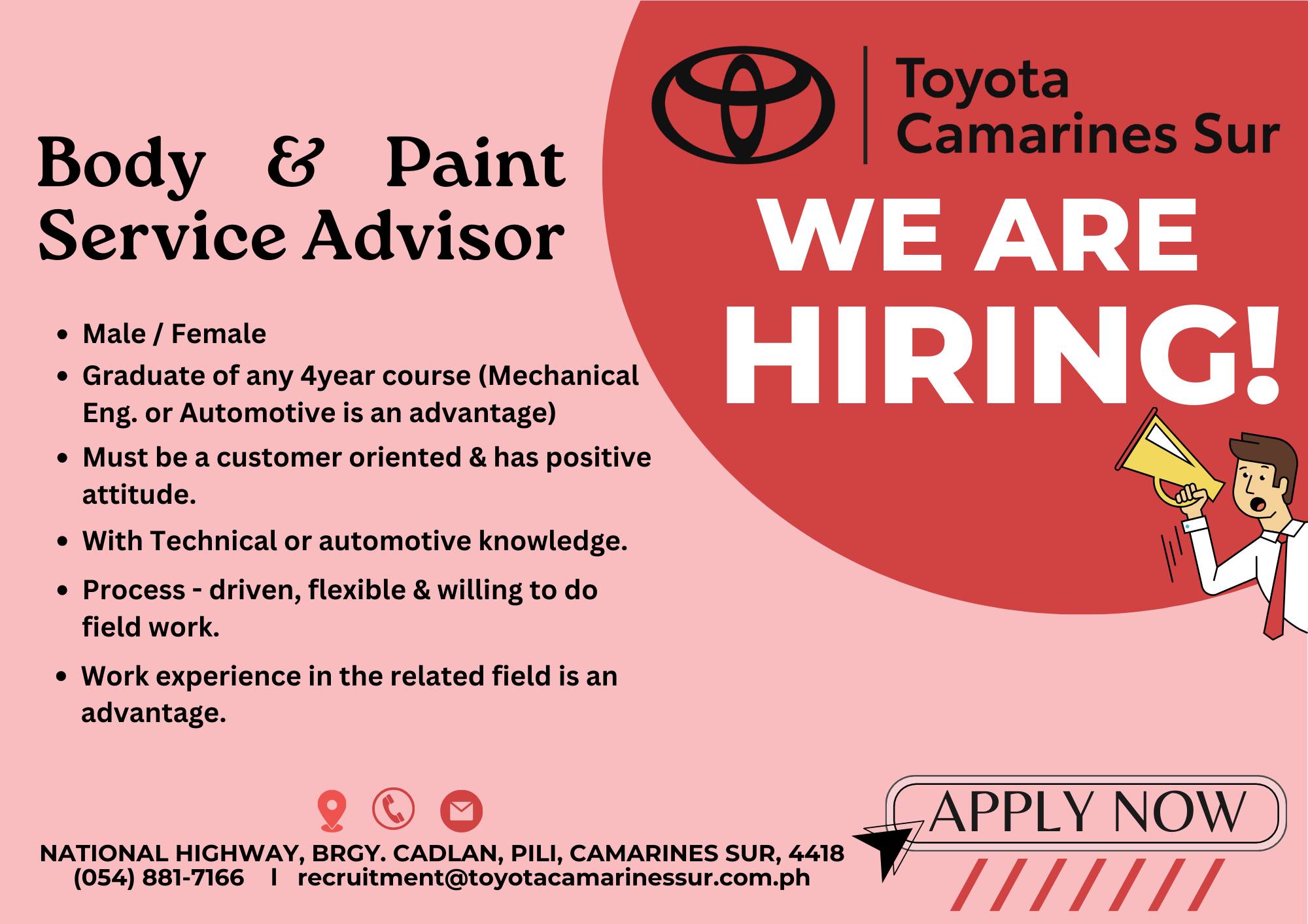 TOYOTA CAMARINES SUR JOB HIRING!!!