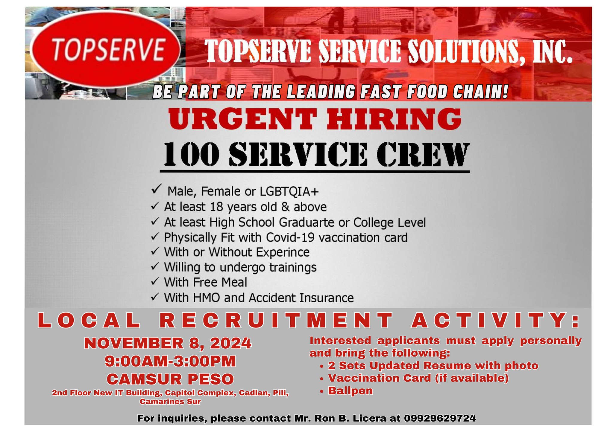LOCAL RECRUITMENT ACTIVITY SCHEDULE - TOPSERVE SERVICE SOLUTIONS, INC.