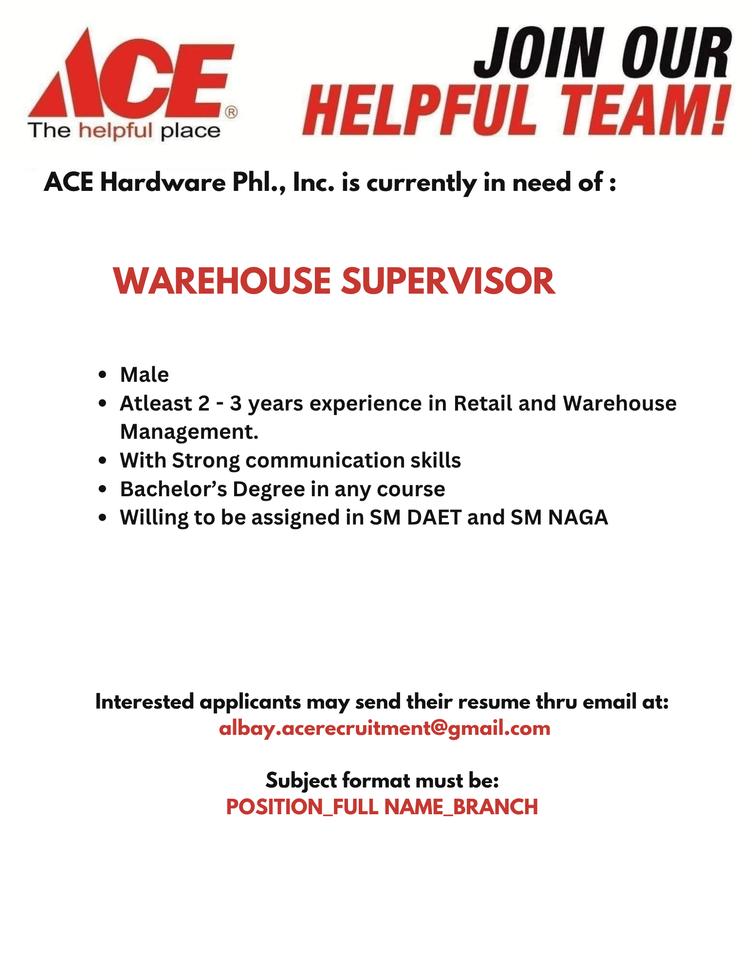 ACE Hardware Phl., INC HIRING!!!